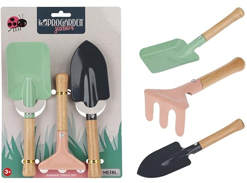 Gartengeräte-Set für Kinder auf Karte 3-teilig mit Holzgriffen, Schaufel, Spaten, Harke, 15-21cm
