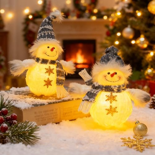 Figuras de muñeco de nieve con luz LED, 2 unidades de muñeco de nieve de Navidad, decoración de mesa, funciona con pilas, figura decorativa para decoración de Navidad, interior, chimenea, oficina