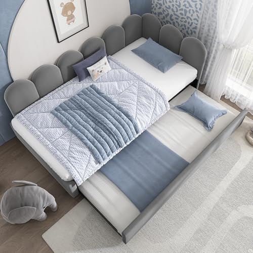 ANIROY Upholstered Bed Daybed with Pull-Out Bed, 3FT Single Sofa Bed 90x190cm with Metal Slatted Frame, Guest Beds for Adults and Children, Velvet, No Mattress, Grey