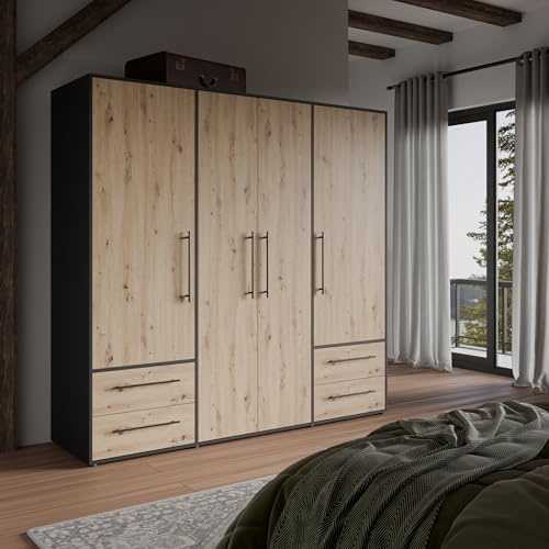 Forte MOKKARIS Kleiderschrank 200 210, moderner Drehtürenschrank, 4-türig, 4 Schubladen, Holzwerkstoff, Artisan Eiche Holzdekor mit Schwarz, 205,9 cm breit x 200,1 cm hoch x 58,8 cm tief