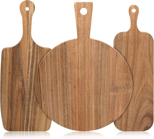 3 Piece Acacia Wood Chopping Board Set with Handles,Wooden Serving Board | Double-Sided Wooden Cutting and Serving Boards in 3 Sizes for Meat, Cheese, Bread, Pizza and Charcuterie