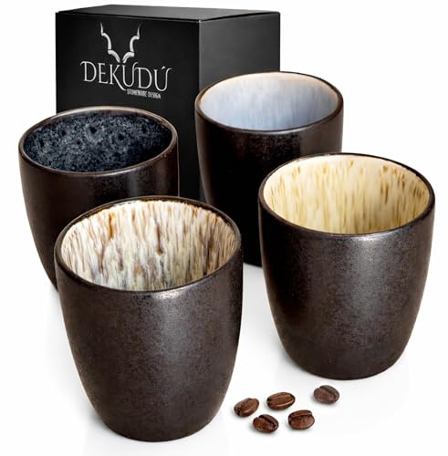 Tazas de Cafe Espresso en Ceramica de Gres de Calidad Juego Tazas Cafe Originales - Fabricado a Mano - Muy Resistentes Aptas para Lavavajillas y Microondas - 4 Piezas de 100 ml - Color Exterior Negro
