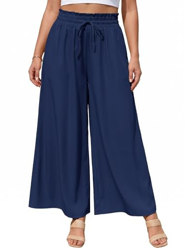 heekpek Pantaloni Donna Estivi Taglie Forti Leggeri Freschi Pantaloni con Elastico in Vita Comodi Gamba Larga Pantalone Elegante, Blu Navy, 3XL