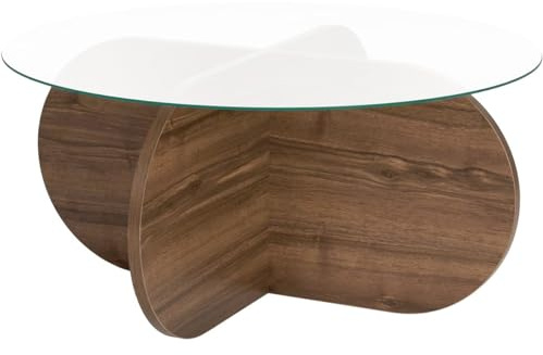 HOMIFAB Table Basse Ronde Effet Noyer et Verre Ø75 cm - Eolia