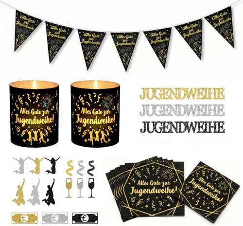 Jugendweihe Deko Mädchen Junge Schwarz Gold: 1 Jugendweihe Garten Banner (12 Dreiecksfahnen)+ 20 Servietten (33x33cm) + 12 Windlicht + 120 Konfetti, Komplettset Tischdeko, Raumdeko Party Girlande