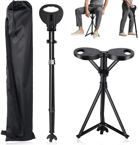 Tragbarer Gehstock mit Sitz,Höhenverstellbarer Spazierstock mit Sitz Robustes Aluminium,Maximale Traglast 250kg für Wandern Warteschlangen Stadtspaziergänge und Outdoor Aktivitäten wie Reisen