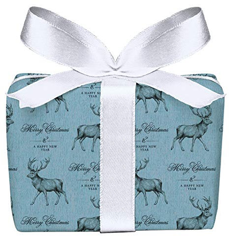 3er Set Weihnachts Geschenkpapier Bögen Hirsch blau Retro Kraftpapier Look Weihnachten, Adventszeit, Weihnachtspapier für Geschenke, Adventskalender, Format 50 x 70 cm