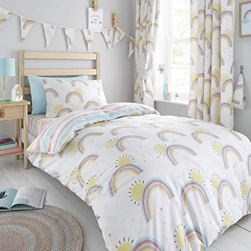 Happy Linen Company Girls Kids Rainbows Sunshine Stripes White Toddler Cot Bed Reversible Duvet Cover Bedding Set