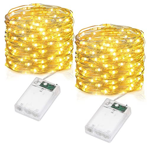 Flaspar Led Stringa Luci a Batteria, 2 Pezzi 10 metri 100 Led Rame filo Ghirlanda Catena Luminose Lucine Fata Luci Decorative per Natale San Valentino Interno Esterno, Bianco Caldo