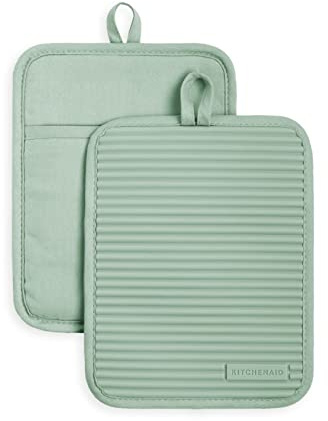 KitchenAid Ribbed Soft Silicone Pot Holder 2-Pack Set, Pistachio Green, 7x9