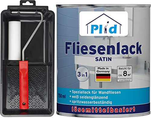PLID® Fliesenfarbe Badezimmer & Küche [FEUCHTIGKEITSBESTÄNDIG] Fliesenlack Weiß satin 0.75l fürs Bad - Fliesen neu streichen & lackieren im Innenbereich - 3in1 Fliesen Farbe Lack - Made in Germany Set