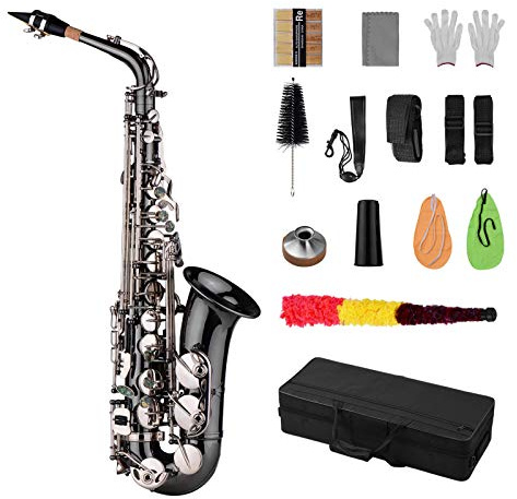 Btuty Eb E-flat Alto Saxophone Professional Brass Bend Sax Black Nickel Plating Abalone Shell Keys with Carrying Case Gloves Cleaning Cloth Straps Grease Brush