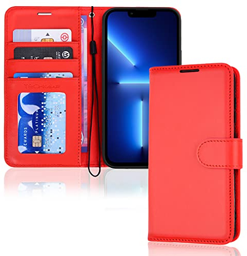 TECHGEAR iPhone 13 Pro Max Leather Wallet Case, Flip Protective Case Cover with Wallet Card Holder, Stand and Wrist Strap - Red PU Leather with Magnetic Closure Designed for iPhone 13 Pro Max 6.7