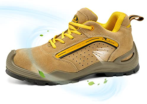 Comfortable Safety Shoes for Men & Women, 7296YN S1P SRC Safety Trainers with Steel Toe Cap, Lightweight Wide Fit Safety Work Boots for Site, Construction,DIY, Lab etc Beige
