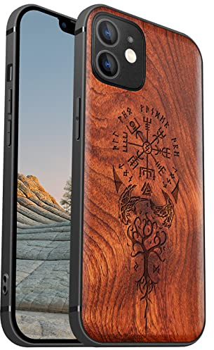 Carveit Coque magnétique pour iPhone 12 [Élégant Rosé] [Pare-Chocs en TPU Souple] Coque de téléphone Antichoc Compatible Magsafe avec 12 Coque Bois (Viking Compas)