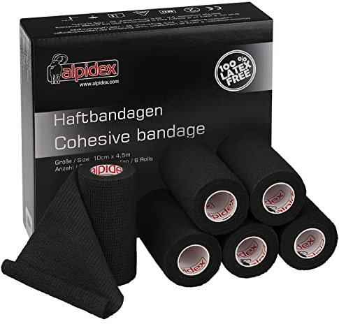 ALPIDEX 6 Rotoli Benda Adesiva 10 cm x 4,5 m Molti Colori Bendaggio Coesivo Fasciatura Personi Animali Garza Elastica Autoadesivo Cavalli Cani Umani, Colore:nero