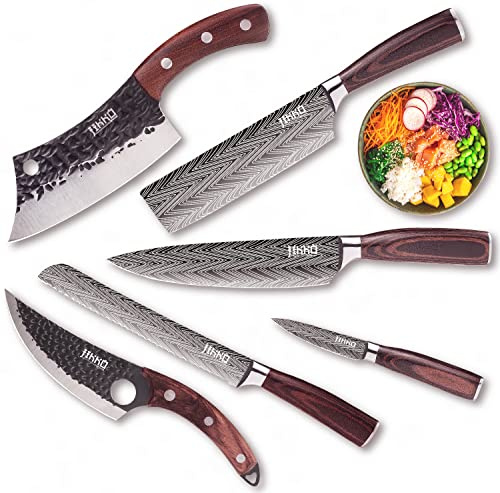 Jikko New Reinforced Carbon Steel Japanese Kitchen Knife Set – DiamondRazor Series – Ultra Sharp Japanese Knife Set & Chef Knife Set with Mahogany Wood Handles – Professional Chef's Knives