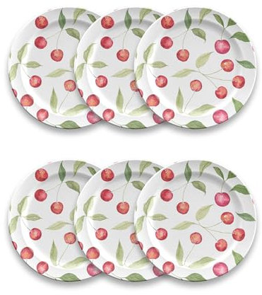 TarHong Abode Homewares Berries & Cherries Salad/Dessert Plate, 8.5-Inch, Pure Melamine, Indoor/Outdoor, Red and White, Set of 6