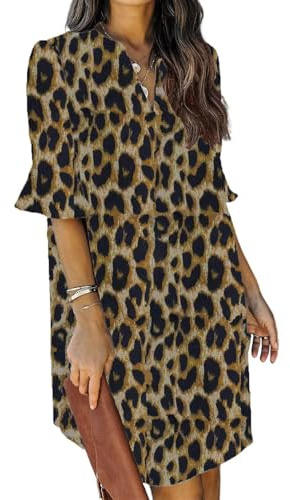 QACOHU Womens Summer Leopard Print Dress Ruffle Sleeve V Neck Shift Dress L