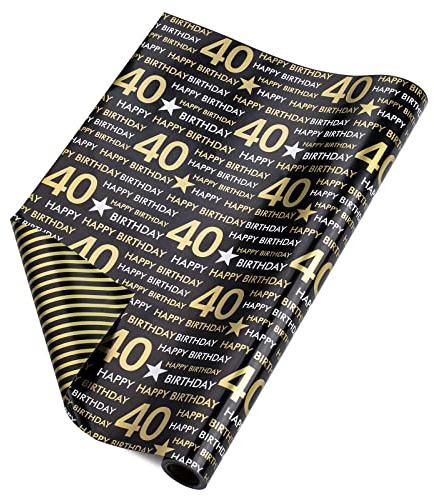 RUSPEPA Rotolo Di Carta Da Regalo Reversibile - Compleanno Di 40 Anni Motivo Nero E Oro Ottimo Per Compleanni, Feste, Baby Shower - 43,2 Cm X 10 M