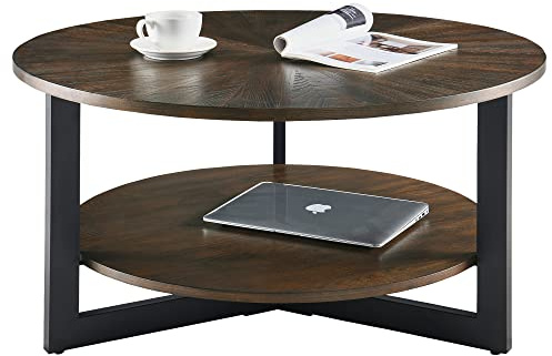 PADMA HOUSE Runder Couchtisch aus massivem Holz, Wohnzimmertisch Sofatisch Metallgestell, 2-stöckiger Kaffeetisch Loungetisch, Einfacher Aufbau, Industrie-Design, für Wohnzimmer