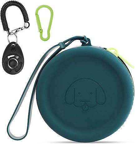 FIDWALL Leckerli-Tasche aus Silikon,mit Hundeklicker,Futtertasche für Hundetraining,Hundezubehör,Taschengröße,leicht zu reinigen,geruchlos, Reißverschluss-Design,tragbare Leckerli-Tasche(dunkelgrün)