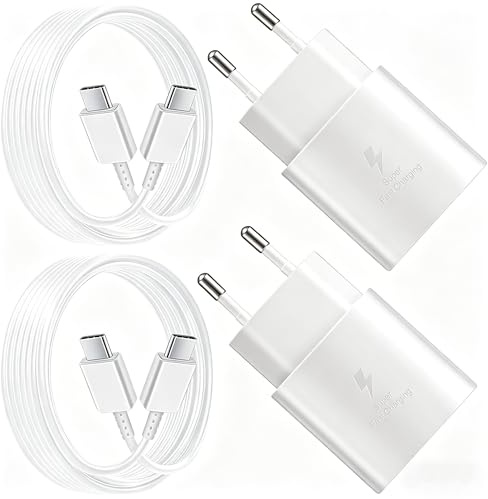 2 Pack 25W Chargeur Super Rapide Type C pour Samsung Galaxy S25 S24 S23 S22 S21 S20 Plus/Ultra S21FE Note20/10 A55 A54 A53 A34 A33 A20e A15 A13, USB C Chargeur Secteur avec 1.5m Cable USB Type C