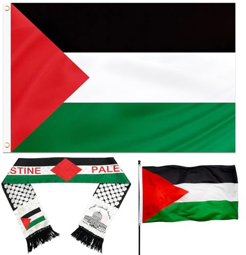 Bandiera Palestina 150 x 90 cm,Palestina Bandiera Sciarpa 135 x 14 cm,Bandiere Palestinese con Occhielli,Rresistente alle Intemperie per Esterni,Scarf per Uomini e Donne