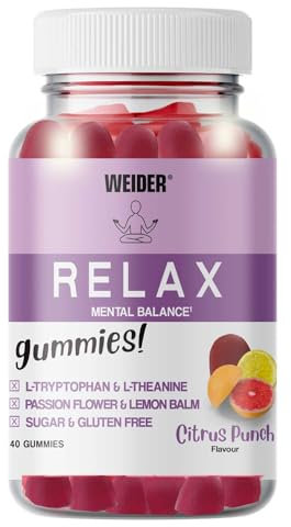 Weider Relax Gummies (40 Stück) Citrus Punch-Geschmack. Gummis mit L-Theanin, L-Tryptophan, Passionsblumen- und Melissenextrakt, Vitamin B6, für Entspannung, Zuckerfrei und Glutenfrei, 20 Portionen