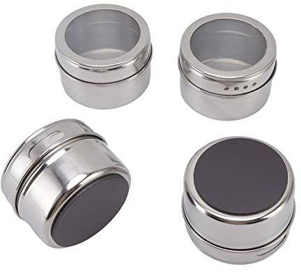 Gsycle Frascos Magnéticos Para Especias, Latas De Especias Magnéticas De Acero Inoxidable, Contenedores De Almacenamiento De Especias Montados En La Pared Con Tapa Transparente Y Agujeros, 4 Uds.