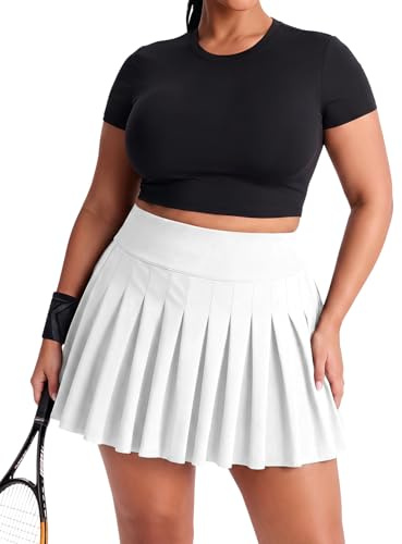 Moon Wood Women's Plus Size Pleated Tennis Skirt- Girls High Waist Athletic Golf Skirts with Shorts White