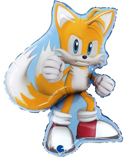 Grabo Sonic-Tails Ballon. Ballon für Kinderfeste in Form von Tails, aus Folie mit Röhrchen zum Aufblasen. Bunte Ballons, hergestellt in Italien, 56x66 cm
