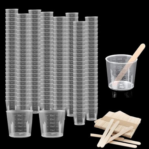 Bhina 100 Stück 30ml Kunststoff Mischbecher Messbecher mit 100 Holzstäbchen Graduierten Messbecher Klein Transparente Kunststoff Mixbecher für Mischen Farben Epoxiden Harz Labor Malerei Kochen