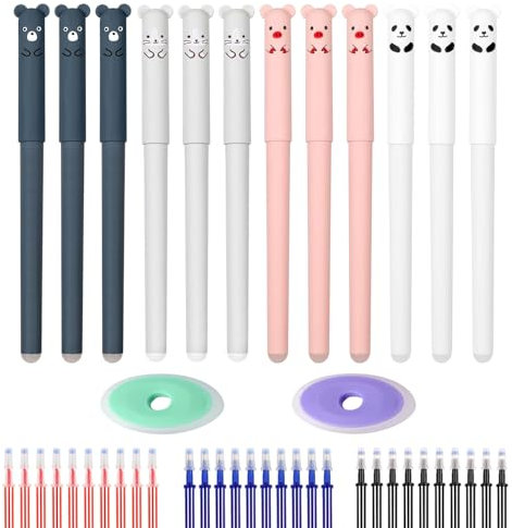 CONNECTION Radierbare Stifte Set 12 Stück Radierbarer Kugelschreiber Tiere Cartoon Radierbarer Tintenroller mit 30 Nachfüllungen und 2 Radiergummis für Studenten,Bürobedarf (Mehrfarbig)