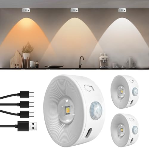 Unterbauleuchten, Schrankbeleuchtung 3 Stück, Vitrinenbeleuchtung LED Kabellos, Nachtlicht mit Bewegungsmelder USB Wiederaufladbar, Magnet Adsorption ohne Bohren, 3 Farbtemperaturen dimmbare Leuchten