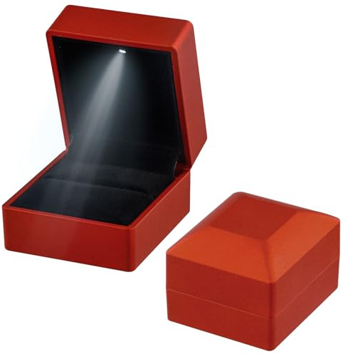 Jinlaili Scatola Anelli con Luce a LED, Scatola Anelli di Velluto, Scatolette Regalo di Gioielli, Scatola Decorativa Anelli Cuore per Fidanzamento Proposta Matrimonio Natale (Rosso 2)