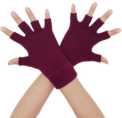 Lemoyoung Damen Halbschwere, fingerlose Handschuhe aus Kaschmir, weich, warm, Wein, Medium