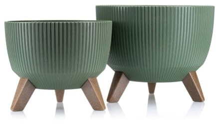 HowHomely 2X Grün Blumenkübel | Deko Blumentopf mit 3 Beinen | Langlebige Übertopf für Wohnzimmer oder Garten | Set aus 2 Blumenübertopf (18x29cm & 15x24cm)