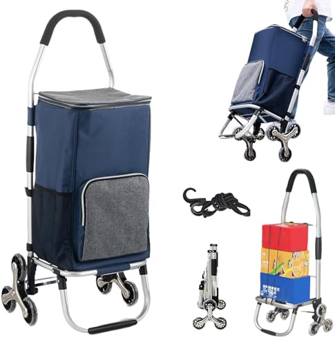 YFSMBD 3in1 Einkaufstrolley Treppensteiger, Trolley groß 45 Liter, Einkaufswagen mit Kühlfach, Einkaufstasche mit Rollen, Klappbar, Tasche Abnehmbar, Einkaufsroller, Handwagen (Blue)
