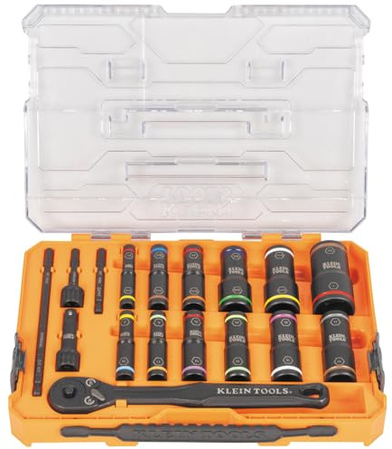 Klein Tools 65626 KNECT Deep Well Impact Socket Set, 3/8-Inch Drive Ratchet, 24 SAE and Metric Flip Socket Sizes, MODbox Case
