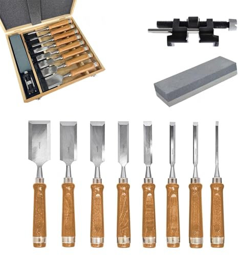 WUCIOA 8-teiliges Stechbeitel-Set, Stechbeitel-Set für Holzarbeiten mit Schleifstein, Schleifführung und Aufbewahrungskoffer, Stechbeitel-Set für Holzschnitzerei, Zimmerei, Kantenbeschneiden