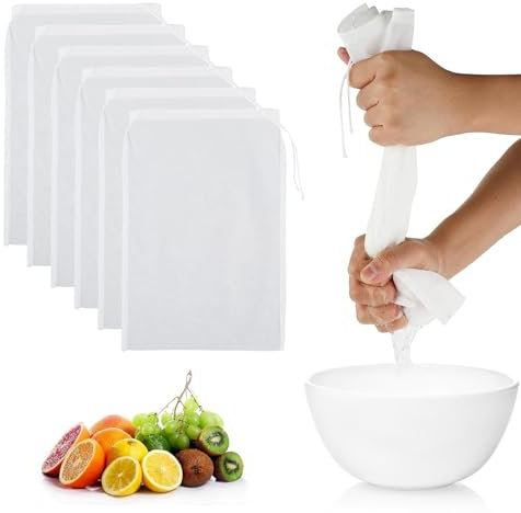 6 Stück Nussmilchbeutel, Passiertuch Wiederverwendbar, 20 × 30cm Feinmaschiges Filter mit Kordelzug, Nylon Filterbeutel Nussmilchbeutel für Käse Fruchtsaft Kaffee Gemüsesaft Joghurt