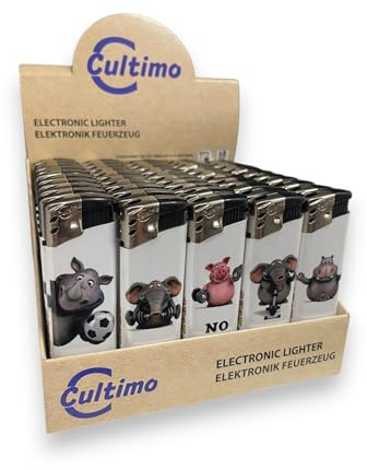 Cultimo 50 Stück Elektronik Feuerzeuge mit Motive, Nachfüllbar & Kindergesichert | Feuerzeug Lighter elektronische, Gas befüllt (Sport)