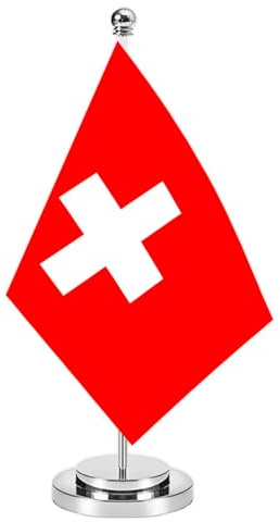 Schweiz Miniature Desk Flag Set,8x5 Inch Schweizer kleine Flagge mit 12 Zoll hellen Silber Flagge Pole, Deluxe Dekorationen für Haus Büro Tagungstisch