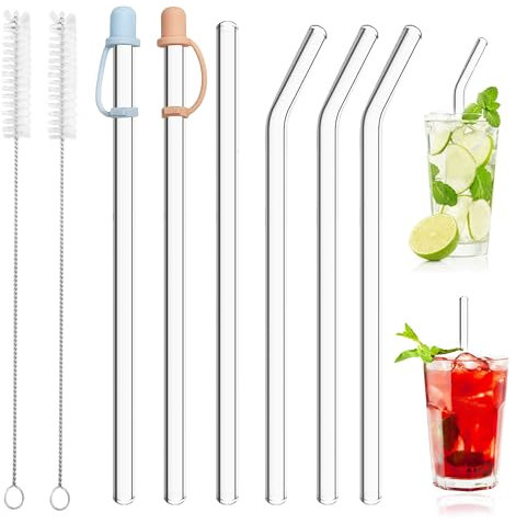 6 Cannucce in Vetro, Riutilizzabili, Cannucce in Vetro Di Qualità, con 2 Spazzole per La Pulizia Di Succhi, Cocktail, Frullati, Caffè, Latte (Dritti e Curvi)
