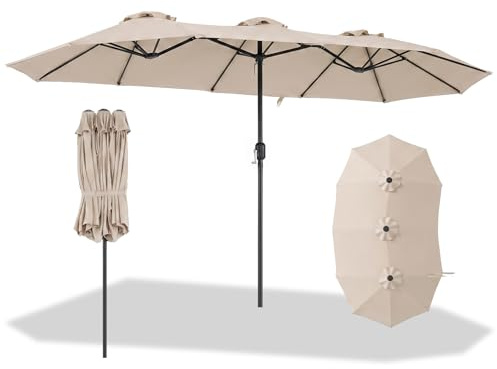 COSTWAY 3.8m/4.6m Double-Sided Patio Parasol, Outdoor Extra Large Sun Umbrella with Hand-Crank System, Market Twin Sunshade Shelter Canopy for Garden Patio Beach Yard (Beige, 3.8m)