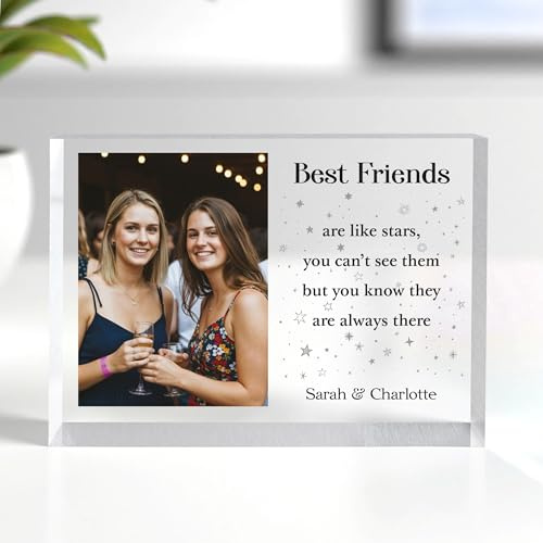 Beecreative Personalised Friendship Gifts For Women - Custom Friend Photo Frame Clear Acrylic Block - Best Friends Are Like Stars - With White Gift Bag