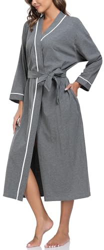 EA'S SECRET 100% Baumwolle Bademantel Damen Langer Leichter Kimono Bademäntel für Frauen Sauna Morgenmantel mit Taschen S-XXL