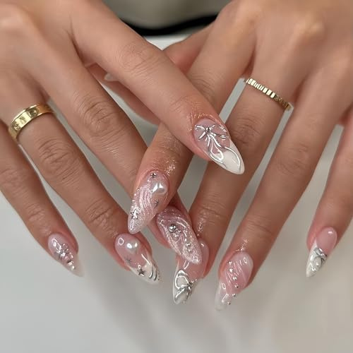 3D Handgemachte Künstliche Fingernägel - 24 Pcs Französisch Press on Nails Almond - Falsche Nägel mit 3D Wasserwellen Perle und silber Schleife Stern - Kunstnägel Zum Aufkleben für Frauen Mädchen