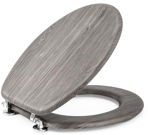Toemics Wood Effect Toilet Seat Soft Close MDF Veneer with Quick Release Hinges Easy to Clean and Install Universal fit Oval Design for Modern Bathroom (Grey)